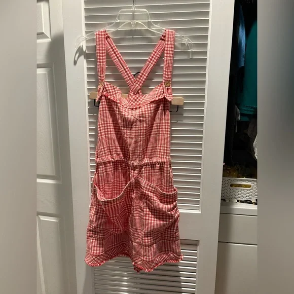 FREE PEOPLE Chrissie Mini Skirtall RED WHITE OVERALLS MINI WESTERN FESTIVAL XL - Picture 3 of 3